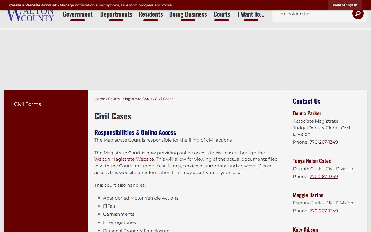 Walton County Clerk of the Superior Court records Magistrate civil cases page