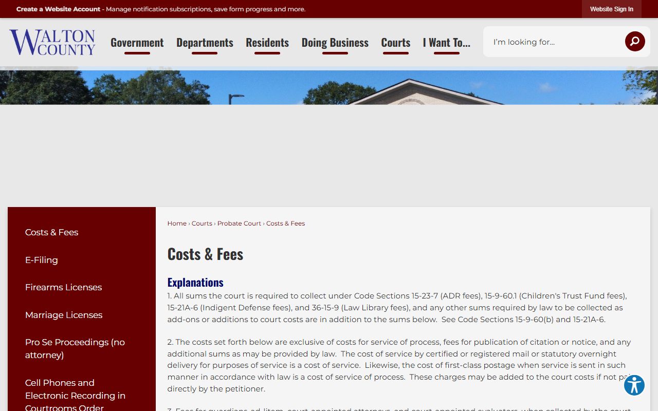 Walton County marriage and divorce records Probate Court cost schedule