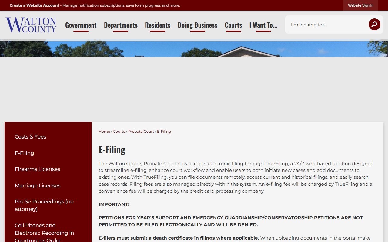 Walton County probate records TrueFiling e-filing restrictions